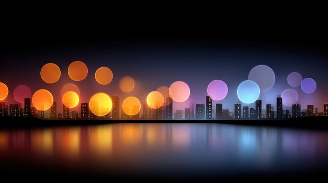 Vibrant city skyline illuminated by colorful lights reflecting on serene water at night creating a mesmerizing atmosphere
