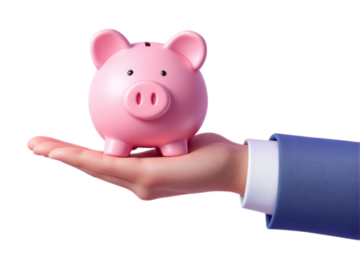 A pink piggy bank held in a businessman's hand, isolated style on white background, symbolizing savings, finance or budgeting concept. Ai generative