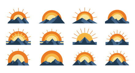 various sunrises over mountain peaks in vibrant colors