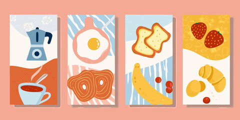 A collection of four illustrated panels featuring delicious breakfast foods and beverages in a whimsical style