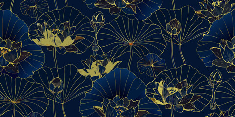 Elegant seamless pattern of golden lotus flowers and leaves on a deep blue background