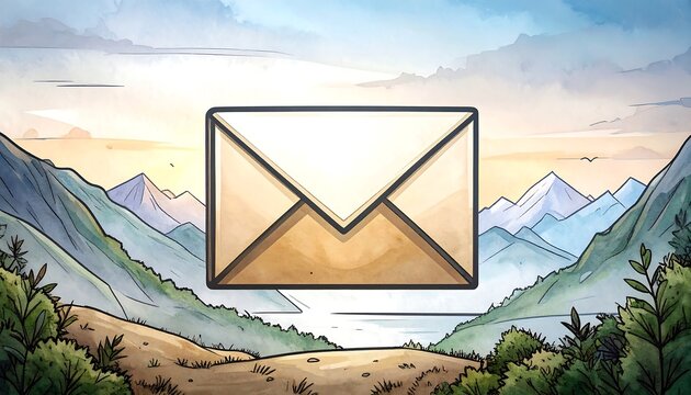 A stylized email icon over a scenic mountain landscape - Powered by Adobe