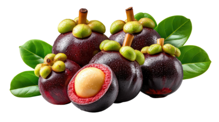 Mangosteen Marvel: A vibrant group of fresh mangosteens, some whole and one halved, showcase their exotic beauty with lush green leaves, embodying a healthy and delicious food choice.