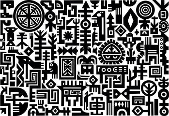 Vector graphic black and white illustration of an abstract pattern featuring a chaotic mix of various ethnic, tribal, and folk art symbols and elements.