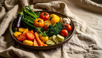 A vibrant assortment of fresh, colorful vegetables artfully arranged on a plate, ready to eat.