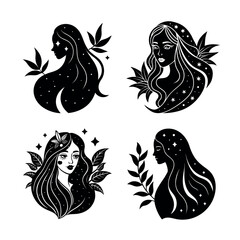 Set of Mystical Woman Portraits with Celestial Elements and Botanical Accents