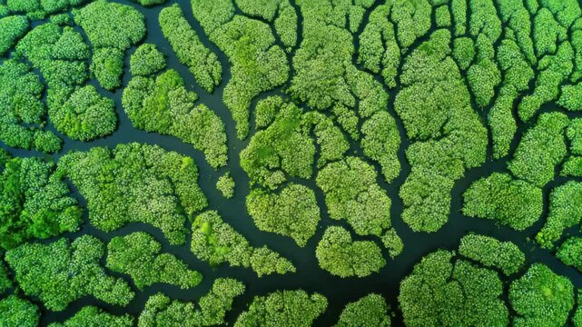 Overhead View of Lush Green Mangrove Forest with Intricate Waterways Reflecting Sunlight on a Bright Sunny Day Perfect for Adobe Stock