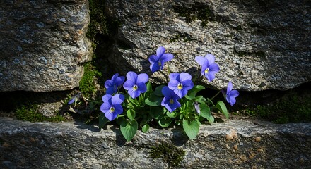 Blue Violets Growing Stone Wall