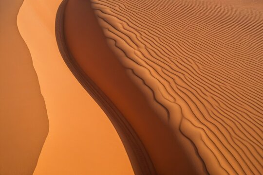 Sanfte D&uuml;nenlandschaft in der W&uuml;ste, goldener Sand mit weichen Kurven und feinen Strukturen, minimalistische Naturaufnahme, abstrakte Formationen, trockene Landschaft