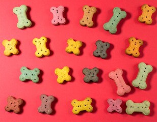 Colorful dog treats arranged on a red background