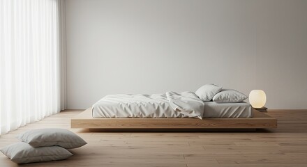 Minimalist Bedroom with White Bedding and Wooden Platform Bed Frame