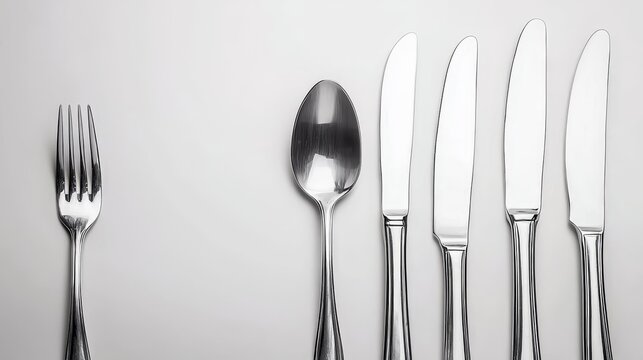 An elegant and classic arrangement of polished metal cutlery featuring sharp dining knife graceful tablespoon and versatile fork meticulously placed for formal meal setting