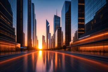 Fototapeta premium Futuristische Skyline bei Sonnenuntergang, moderne Wolkenkratzer mit Glasfassaden, Spiegelung im Wasser, urbane Landschaft, Stadtzentrum, Abendstimmung, Architektur und Technologie