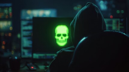 Hacker in Hoodie with Skull on Screen in Dark Room.
