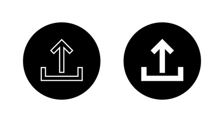 Upload icon in black circle. Arrow export symbol