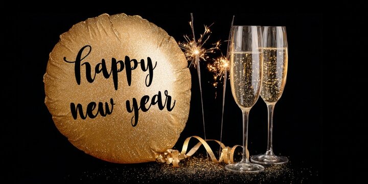  happy new year 2026, new year's eve party holiday event celebration greeting card with text - Golden balloon with two champagne glasses and sparklers, isolated on black table background