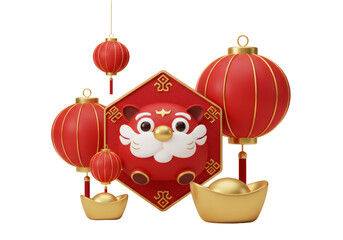 中国の旧正月のテーマ 赤いランタンと金の装飾品を持つ虎のキャラクター 透明背景