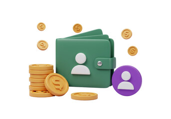 3Dレンダリングされた緑色の財布と金色のコインのイラスト 金融ビジネスの概念