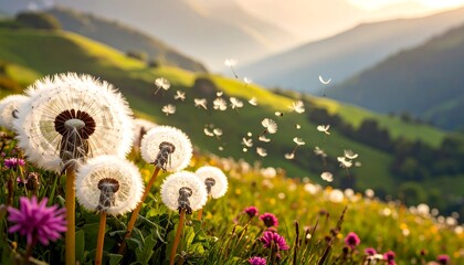 Dandelions in a meadow at sunset