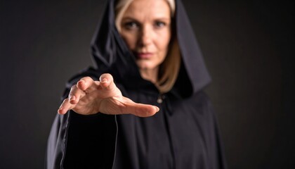A single woman in a black nun's costume with a hood and mask poses in a studio, her dark eyes looking out from the shadows