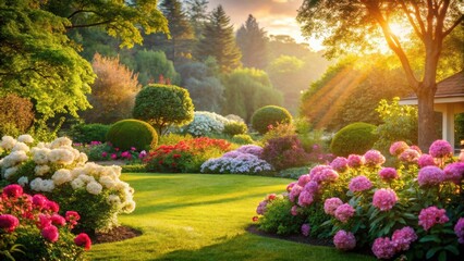 Obraz premium Serene Garden Landscape at Sunrise Lush Greenery, Vibrant Blooms, and Sunlit Pathways