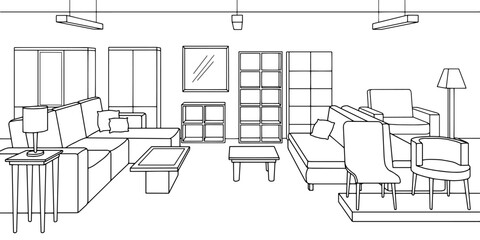 Furniture store interior shop graphic black white interior sketch illustration vector 