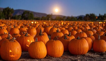 Pumpkins rest in a vibrant orange field during the autumn harvest season