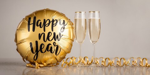  happy new year 2026, new year's eve party holiday event celebration greeting card with text - Golden balloon with two champagne glasses, isolated on gray table background