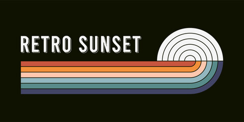 Retro sunset illustration. Vintage sunset with colorful stripes in 80s style. Retro design element with abstract colored sunrise. Graphics for banners, prints and t-shirt. Vector.