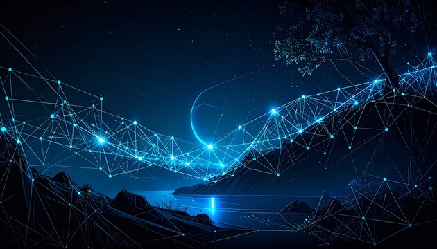 Abstract night landscape with glowing network