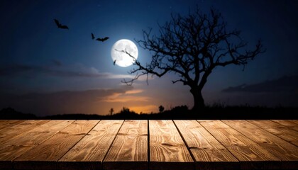 An eerie Halloween night with a silhouette of trees against an orange sky and a full moon