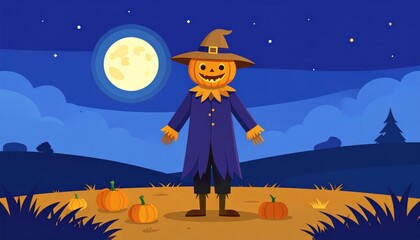 A spooky Halloween night illustration with a witch and bats silhouetted against an orange moon, flying over a haunted house and pumpkins