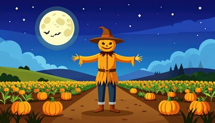 A spooky Halloween night illustration with a witch and bats silhouetted against an orange moon, flying over a haunted house and pumpkins