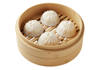 蒸し器に入った四つの白い点心のクローズアップ 透明な背景に置かれた茶色の竹製の蒸し器