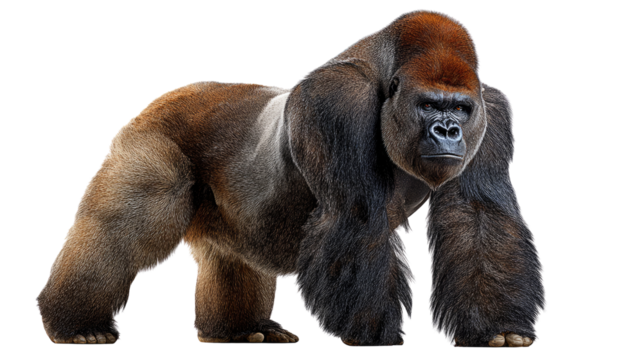 Majestic Gorilla in Focused Stance: This striking image presents a powerful gorilla in a commanding stance, exuding strength and intensity, against a clean and unobtrusive background.