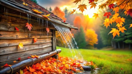 Autumnal Runoff Wooden Structure's Eaves Drip Water Onto a Carpet of Fallen Leaves in a Sun-Drenched Forest