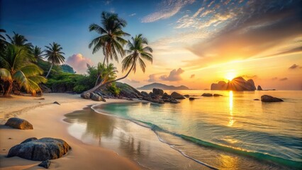 Serene Sunrise on a Tropical Beach with Palm Trees and Gentle Waves