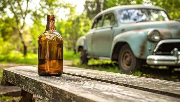Fototapeta Amber bottle on park bench, vintage car background