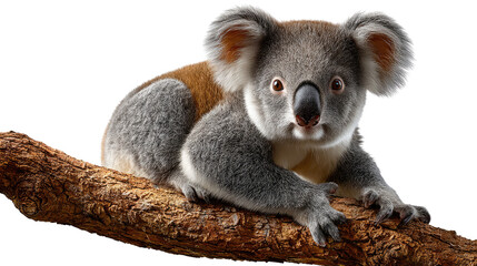 Koala in Contemplation: A close-up shot captures a serene koala perched on a branch, its soulful eyes conveying a sense of calm.