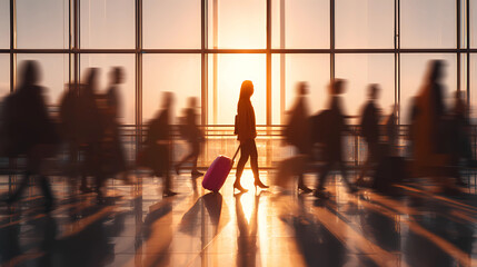 Silhouette of a Traveler with a Pink Suitcase Against a Sunset at the Airport, Capturing the Essence of Adventure