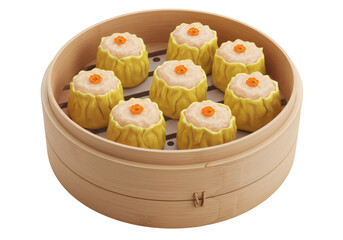 木製の蒸し器に入った美味しい点心のクローズアップ 黄色い蒸し餃子とオレンジ色のトッピング