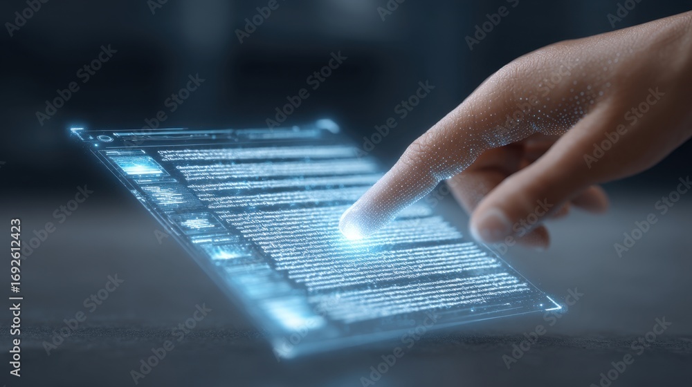 Aufkleber futuristic technology concept with hand interacting with transparent holographic display of news and