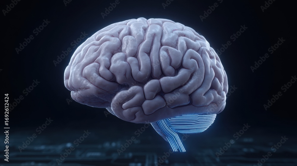 Poster futuristic human brain with neural connections against digital background in 3d representation of ad