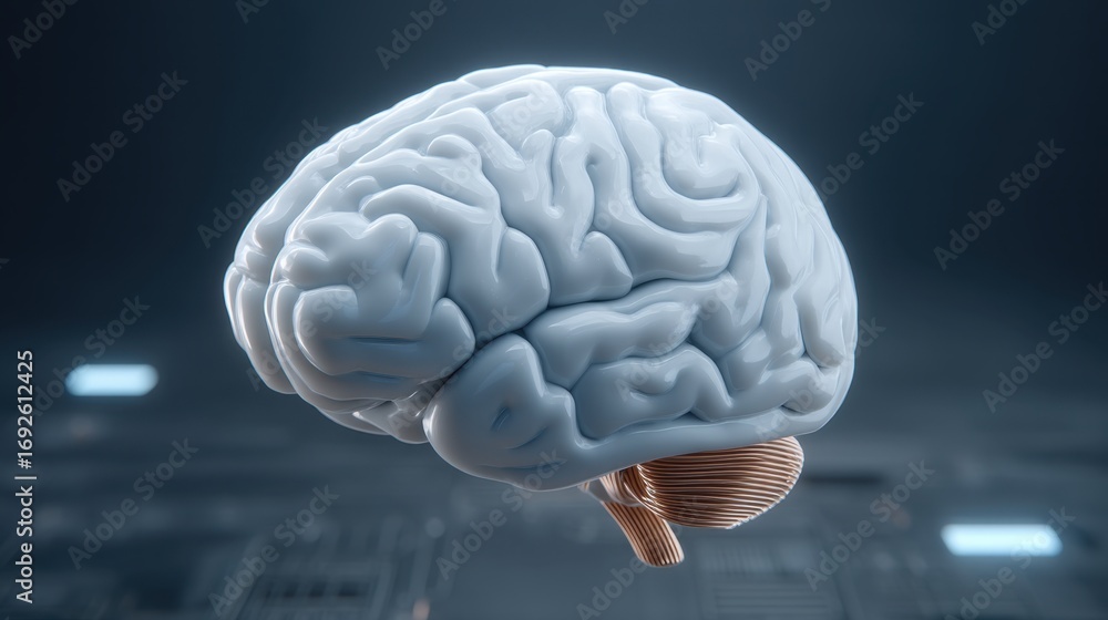 Poster 3d render of a human brain with intricate details and soft lighting, symbolizing knowledge, intellig