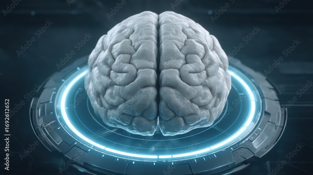 Poster futuristic visualization of a human brain with neon lights and technological elements in a dark back