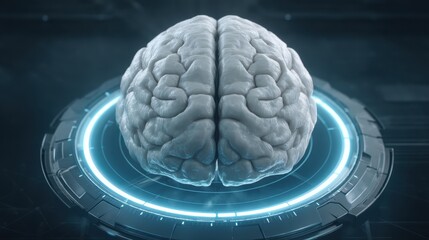 Futuristic Visualization of a Human Brain with Neon Lights and Technological Elements in a Dark Background Setting