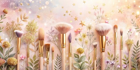 A dreamy collection of elegant makeup brushes arranged amidst delicate botanicals and shimmering celestial elements.