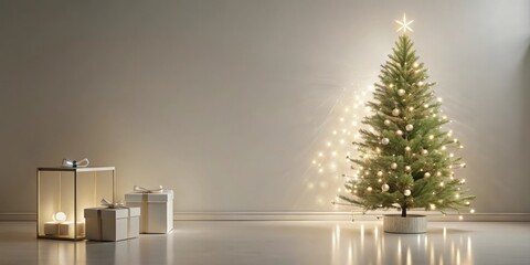 A Festive Christmas Tree with Sparkling Lights and Elegantly Wrapped Gifts Nearby in a Modern Room Setting