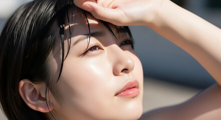 Obraz premium 日射しが眩しい 手で遮る