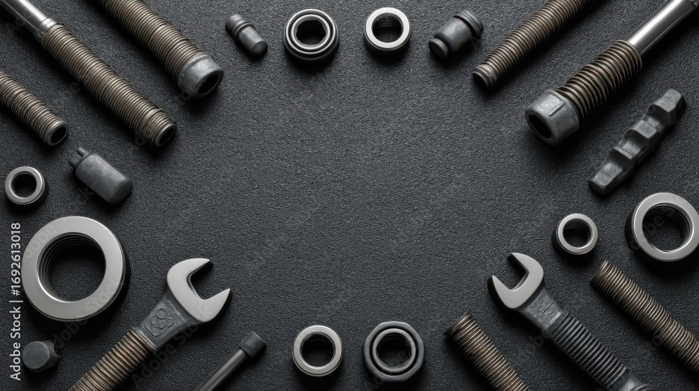 Aufkleber high-quality arrangements of metal tools and fasteners on dark background for industrial and mechani